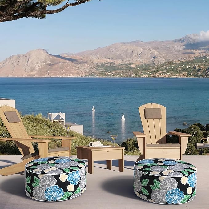 Inflatable Ottoman Stool D21 xH9 for Outdoor/Indoor Use, Water Repellent Patio Foot Rest with Portable Handle,Round Pouf Ottoman Suitable for Garden,Deck and Camping-Peony Garden