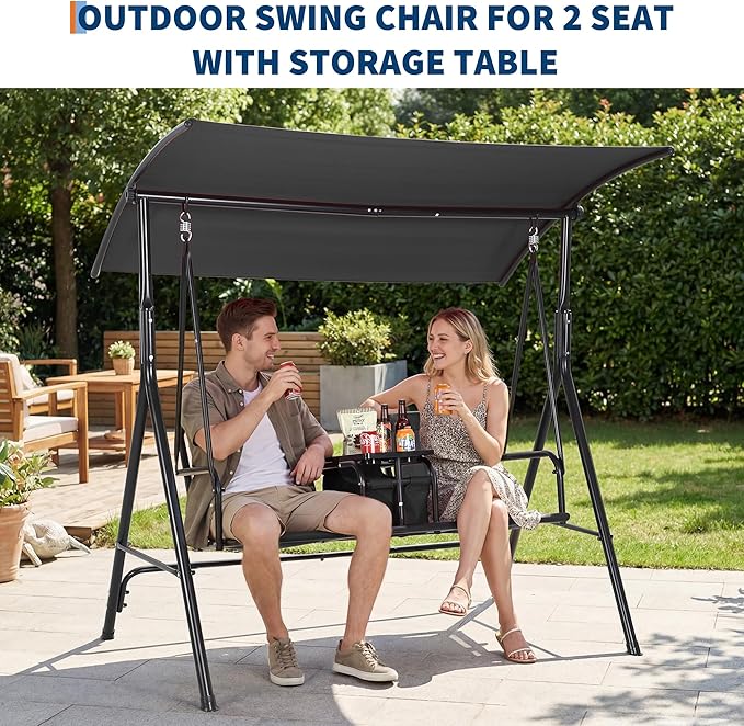 Porch Swing with Cup Holders & Pivot Storage Table & Cooler Bag with Adjustable Canopy for 2 Person Patio Swing for Backyard Balcony Poolside Black