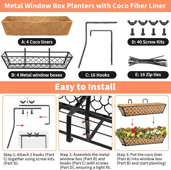 Riare 4 Pack 23 Inch Window Boxes Planters with Coco Liner, Metal Deck Railing Planter Boxes, Balcony Planters Railing Hanging, Horse Trough Window Flower Planter Boxes for Outdoor Porch Fence Patio