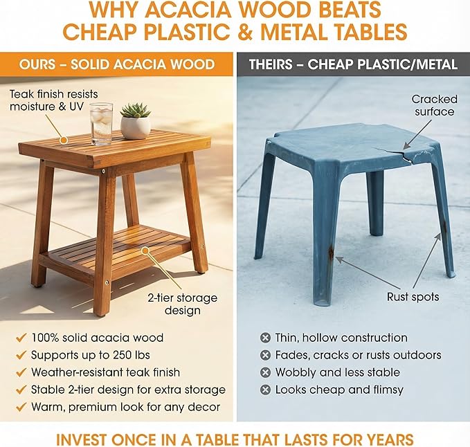 ENKEZI Small Acacia 16 Inches Outdoor Side Table, 2-Tier Sturdy Patio, End Table Weather Resistant, Strong Stability Side Table for Patio, Pool, Porch, Teak Finish (Small)