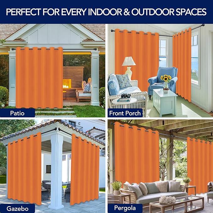 PureFit Outdoor Curtains for Patio Waterproof Weatherproof, UV Resistant Outside Curtains for Gazebo, Front Porch, Pergola, Sun Blocking Privacy Curtain, 100W x 108L inch, 1 Panel, Orange