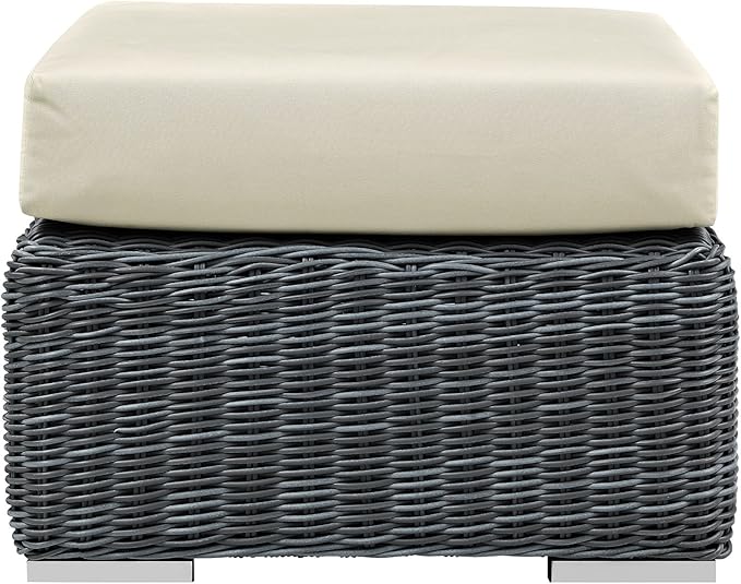 Modway Summon Wicker Rattan Outdoor Patio Sunbrella Square Ottoman in Canvas Antique Beige