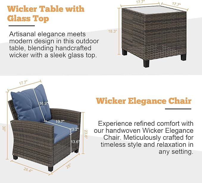 Shintenchi 3 Pieces Patio Furniture Set 3 Pieces PE Rattan Wicker Chairs with Table Outdoor Furniture for Backyard/Garden/Poolside/Outdoor Restaurant Gary Rattan with Blue Cushion