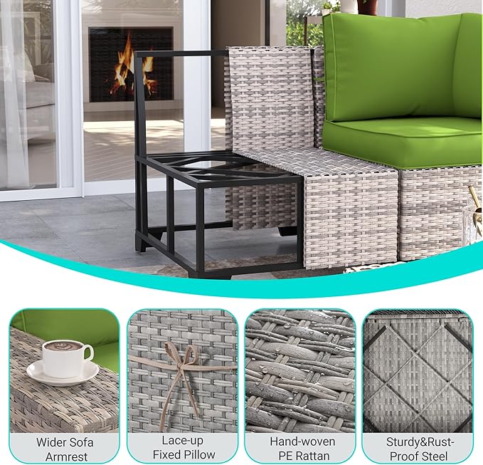 11-Piece Outdoor Patio Furniture Set with Rocking Swivel Chair Wicker Sectional Sofa Set, Patio Conversation Set with Ottomans & Coffee Table for Garden, Backyard, Avocado Green