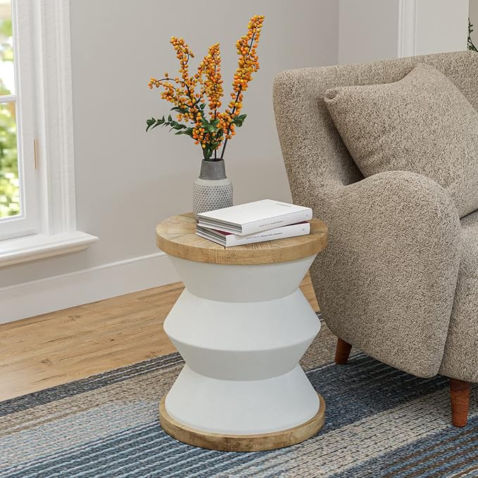 COSIEST White Outdoor Side Table, Round MgO Concrete End Patio Side Table, Lightweight Cylinder Top Plant Stand with Rotund Base for Garden and Deck