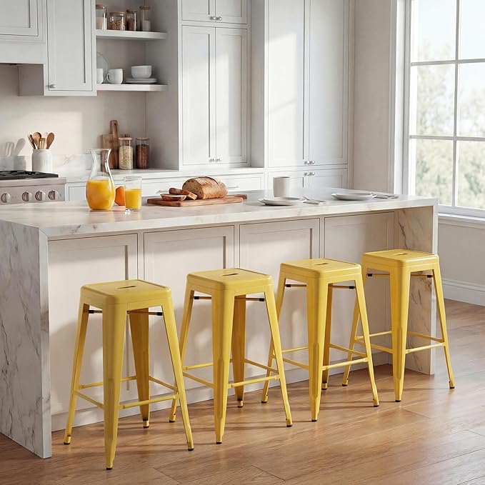 Shahoo 24 Inches Metal Bar Stools Counter Height Stackable Backless Stools, Industrial Patio Stools Indoor Outdoor Metal Kitchen Stools Set of 4 (Yellow, 24'')