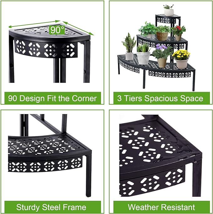 3 Tier Plant Stand Semi-Circular Flower Pot Organizer Rack Quarter Round Plant Display Holder Outdoor Storage Shelves Metal Corner Shelf Planter Shelving Ladder Plant Stand for Indoor Use(Black)