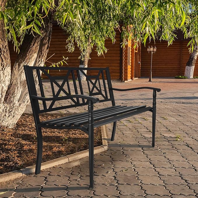 S AFSTAR Outdoor Garden Bench, Metal Porch Bench Seat with Slated Seat & Decorative Backrest, 2-Person Loveseat for Patio Garden, Powder Coated Iron Frame, Patio Bench Front Door Bench for Outside