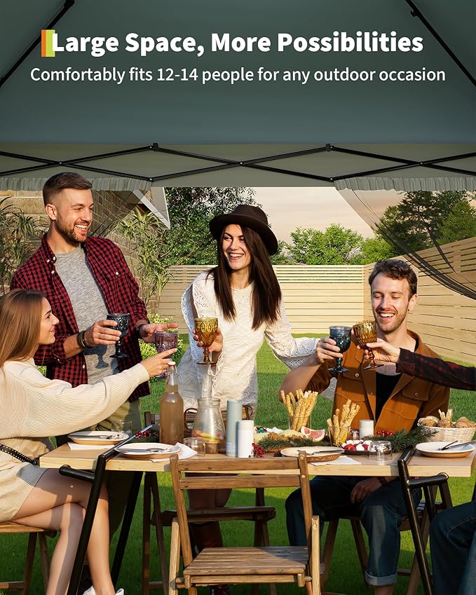 Canopy Tent 13x13 ft, Pop Up Gazebo One-Push Setup with 4 SandBags for Backyard Parties and BBQs, Mosquito Netting & Height Adjustable - Green