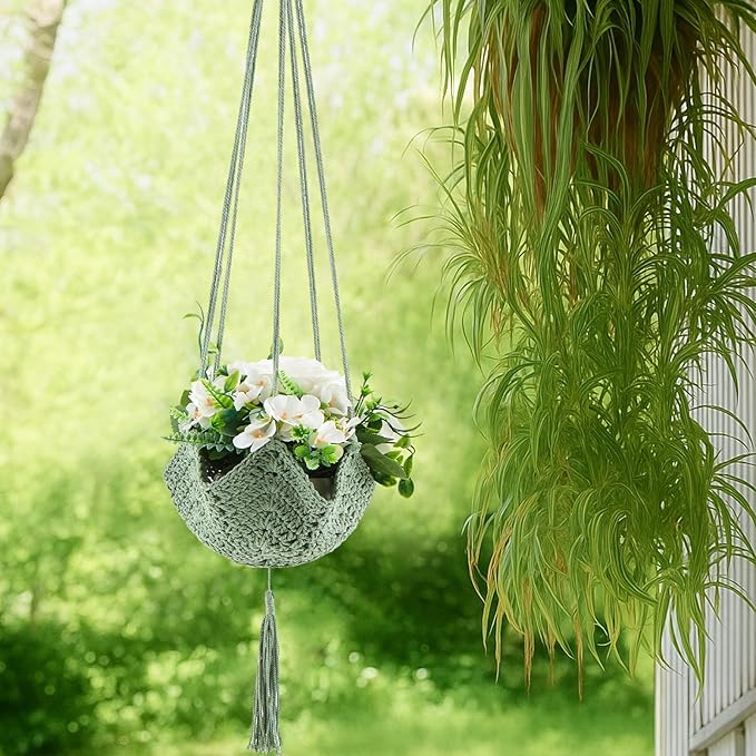 Shappy 1 Pack Jute Crochet Long Plant Hanger for 3 Inch to 12 Inch Pots, Macrame Plant Holder Rope with S Shaped Hooks for Halloween Home Decor (Sage Green)