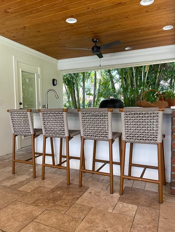 PURPLE LEAF Outdoor Bar Stools Set of 4 Aluminum Counter Height Wicker Stool with Back for Backyard Pool Lawn Kitchen Patio Metal Barstool Chairs Teak