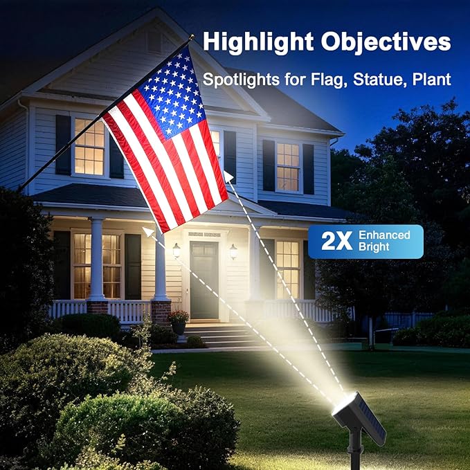 Solar Lights Outdoor Waterproof IP65, Super Bright LED with Lens, 6500K 2 Lighting Modes, Solar Powered Yard Garden Solar Spot Lights for Outside Landscape Auto On/Off -2 Pack