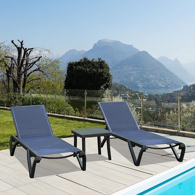 Domi Pool Lounge Chairs Set of 2 with Side Table, Aluminum Adjustable Outdoor Chaise Lounge with Wheels, All Weather Poolside Chairs for Deck Lawn Patio Backyard, Textilene- Navy Blue