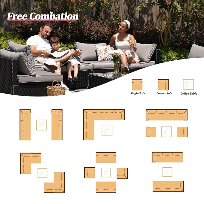 7 Piece Outdoor Patio Furniture Sets, Black Patio Sectional Furniture All-Weather PE Rattan Sectional Sofa, Outdoor Wicker Conversatin Set w Glass Coffee Table for Backyard, Garden, Porch