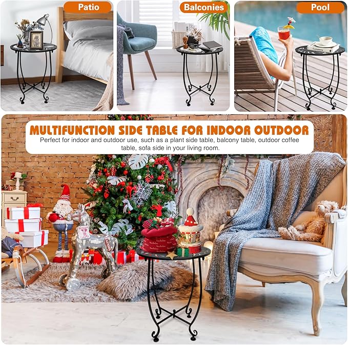 Outdoor Side Table for Small Spaces, Versatile 14 Inch Round Metal End Table for Patio Balcony Yard Porch Garden Bedside, Anti-Rust and Waterproof Accent Table for Indoor Outdoor Use, Easy Assembly