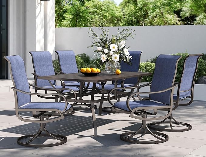 PHI VILLA 7 Piece Outdoor Patio Dining Set, Large Metal Table (1.57'' Umbrella Hole) and 6 Swivel Dining Chairs with Textilene Mesh Fabric, All Weather Patio Furniture Set for Deck Lawn Garden (Blue)