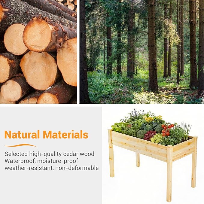 DUMOS Raised Garden Bed with Legs, 48x24x30 Inch Planter Box Outdoor with Liner for Herbs/Flowers/Vegetables, Elevated Wooden Garden Bed for Patio, Balcony and Backyard, Soft Wood
