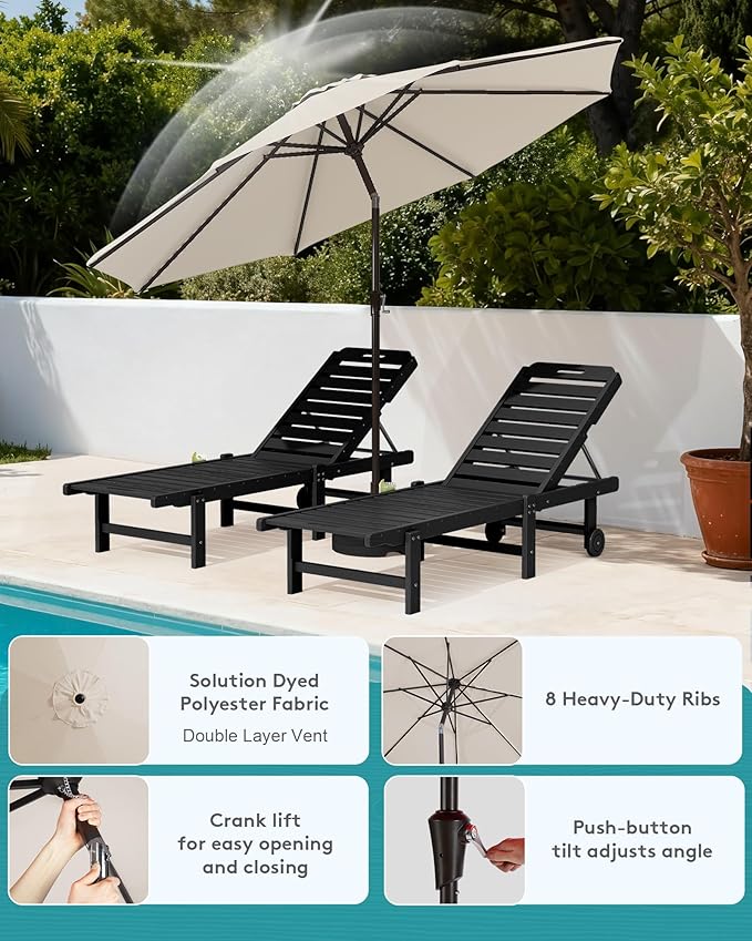 SERWALL Outdoor Chaise Lounge Set of 2 with 9FT Umbrella, HDPE Pool Lounge Chair with 5-Position Adjustable Backrest, Patio Lounger with Rolling Wheels & Cup Holder for Pool, Black