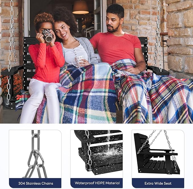 KINGYES Outdoor Hanging Porch Swing Set of 4, 2 Seat Patio Chair With Cup Holders, Waterproof Bench for Courtyard & Garden, 660LBS Weight Capacity, Black