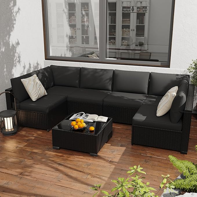 KIGOTY Patio Furniture Set,7 Pieces Modular Outdoor Sectional Sofa, PE Rattan Patio Conversation Set, All Weather Wicker Patio Furniture with Cushions and Coffee Table（Black/Black）