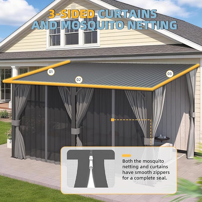 AECOJOY 20'x8' Outdoor Hardtop Metal Gazebo with Curtains and Netting for Patio, Large 8x20 Lean to Heavy Duty Wall Mounted Pergolas and Grill Gazebos Clearance, Patio Steel Roof Awnings for Decks