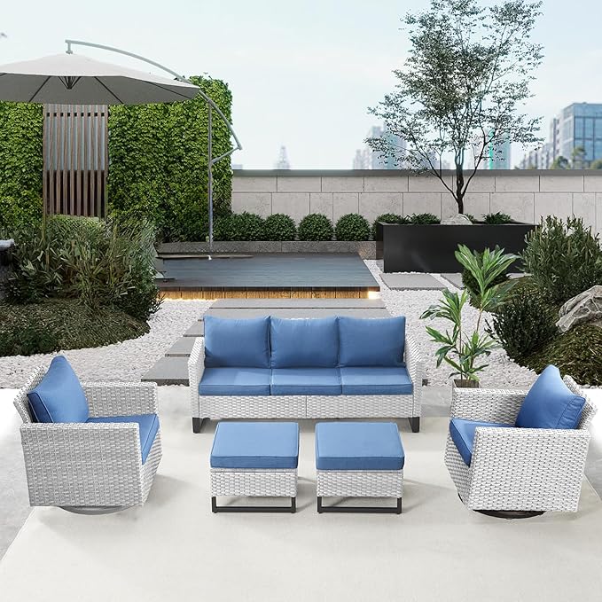 Belord Wicker Patio Furniture 5 Piece Outdoor Sofa Set, Oversize Outdoor Swivel Rocker Chairs with Rattan Ottomans, Conversation Sets Patio Furniture Come with Removable Cushion Blue, Light Grey