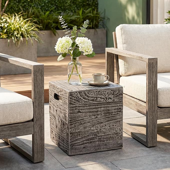 COSIEST Wooden Outdoor Side Table, Square MgO Concrete End Patio Side Table, Lightweight Cylinder Top Plant Stand with Square Base for Garden and Deck