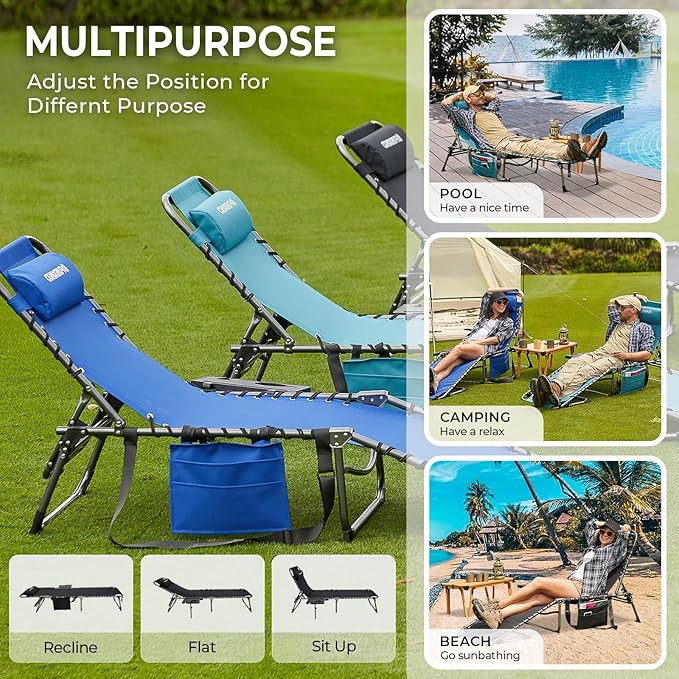 FUNDANGO Chaise Lounge Chair Outdoor, 5-Position Folding Tanning Chair with Detachable Side Table & Pillow, 180° Lay Flat Portable Beach, Heavy Duty U-Frame for Patio, Pool, Lawn, 265lbs (Black)