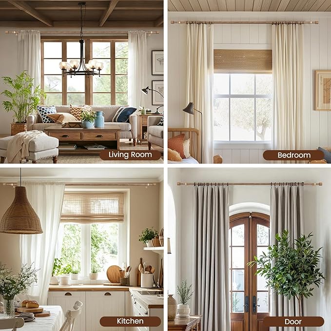 1” Diameter Curtain Rods Itself is 30 to 60 inch 1 Pack Fit 30-54 inch Window with Heavy Duty Adjustable Rod Matte Wood Grain Splicing Metal Extra Long Curtain Rod for Windows