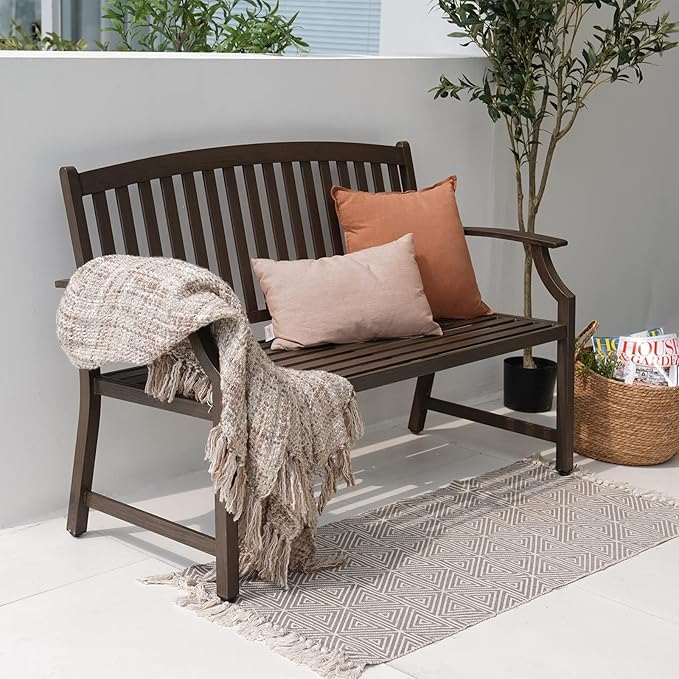 Grand patio 52" Farmhouse Outdoor Bench, Garden Benches with Anti-Rust Aluminum Powder Coated Frame, Faux Wood Grain Finish Frame Patio Bench for Front Porch, Northwoods Brown