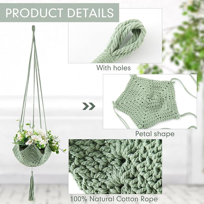 Shappy 1 Pack Jute Crochet Long Plant Hanger for 3 Inch to 12 Inch Pots, Macrame Plant Holder Rope with S Shaped Hooks for Halloween Home Decor (Sage Green)