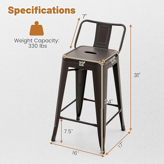 COSTWAY Metal Bar Stools Set of 4, with Removable Back, 24'' Counter Height Stools with Rubber Feet, Stylish and Modern Chairs, for Kitchen, Dining Rooms, and Side Bar (Gun, 24'')