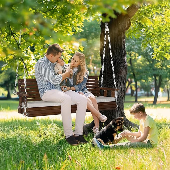 VINGLI Wooden Porch Swing, Heavy Duty 880 LBS Hanging Patio Bench with Extra Cushion for Lawn| Garden| Courtyard (Rustic, 5 feet)