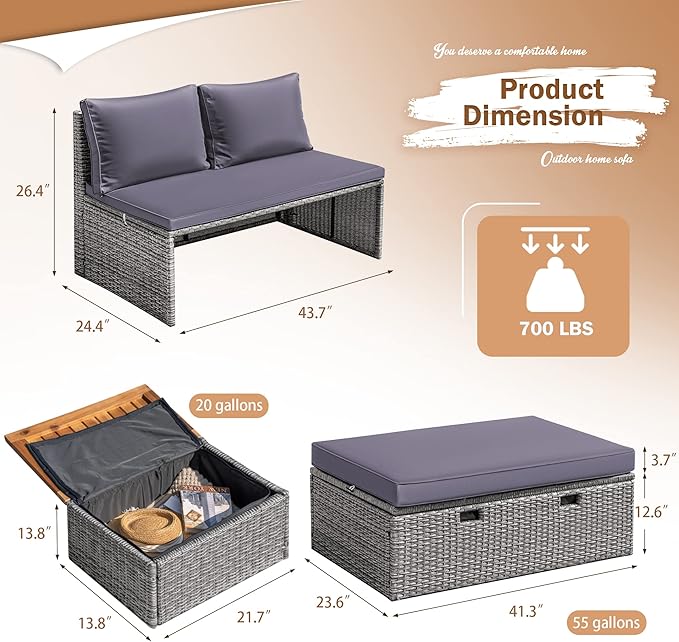 Devoko Patio Day Bed with 2 Side Tables Outdoor Daybed Set MultifunctionalRattan Lounge Bed for Backyard Porch Poolside Lawn Beach (Gray)