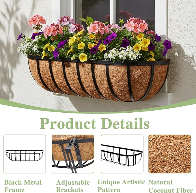 English Inviting Horse Trough Balcony Planter With Coconut LinerMetal Wall-Mounted Planter Box Deck Window Box 16 Inch (2 Pack)