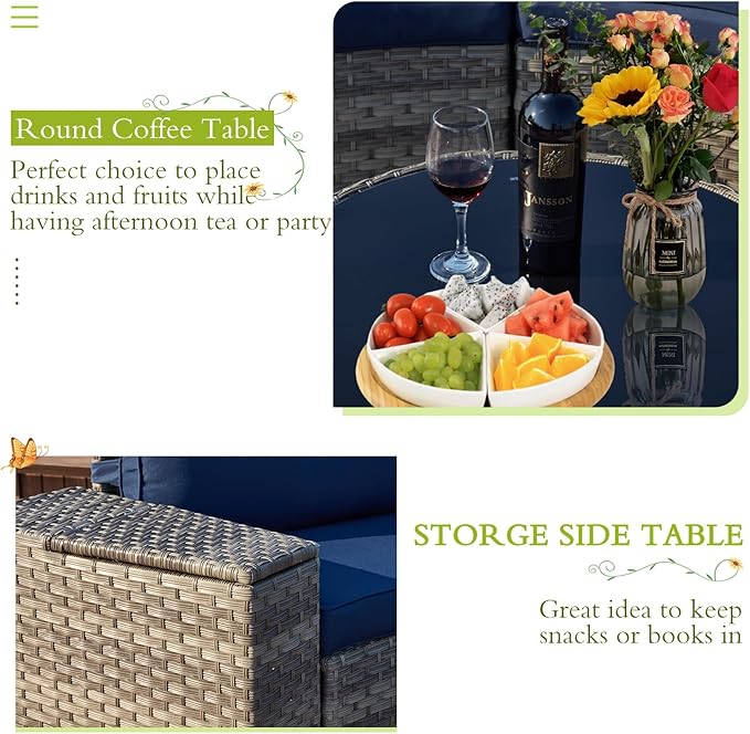 ECOTOUGE 7 Piece Outdoor Half Moon Furniture, Wicker Patio Sectional Conversation Set with 2 Storage Armrests and Circle Glass Table, Gray Rattan Curved Sofa for Garden, Balcony and Back Yard (Blue)