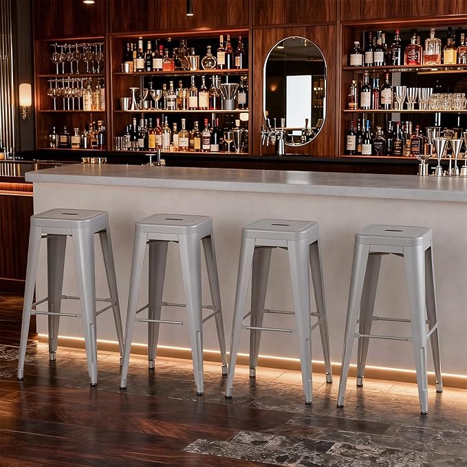 Stackable Metal Bar Stool Backless Indoor-Outdoor Counter Stools Fullmetal Dinning Chairs Set of 4 (Grey, 30 Inch)