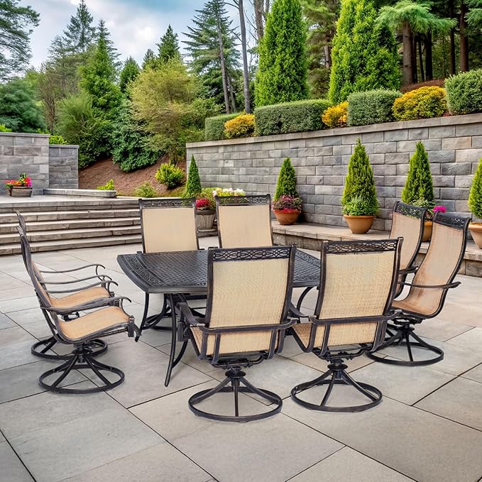 Hanover Manor 9-Piece Outdoor Dining Set with 8 PVC Sling Swivel Rockers and Rust-Resistant Aluminum 60" Square Outdoor Dining Table, Durable and Comfortable Patio Dining Set for 8