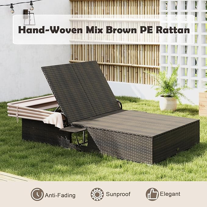 Tangkula Outdoor Rattan Daybed with Canopy & 6-Level Adjustable Backrests, 2-Person Wicker Recliner Bed with Cushions & Folding Side Trays, Double Sunbed Lounger for Balcony, Backyard & Poolside