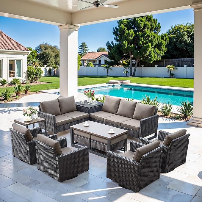 Belord Spacious 11 Pieces Patio Conversation Set - 5-Seater Outdoor Furniture Sectional Sets with Swivel Glider Chairs Set of 4 and Storage Box, Metal Top Coffee Table with Embedded Ottoman Brown