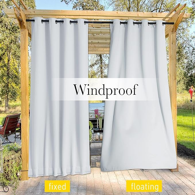 NICETOWN 2 Panels Weighted Blackout Curtains for Patio Waterproof, Top & Bottom Grommet & Back Tab Fixed Thermal Outdoor Curtains Windproof Drapes for Porch, Greyish White, W84 x L108
