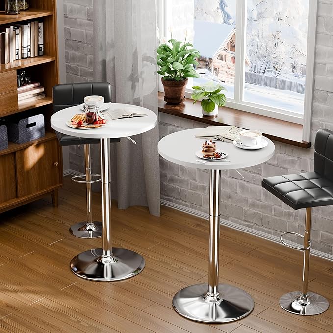 Flamaker Round Bistro Pub Table 23.6 Inch Height Adjustable 360° Swivel Bar Table Metal Base for Pub, Dining Room, Party (4, White-Silver)