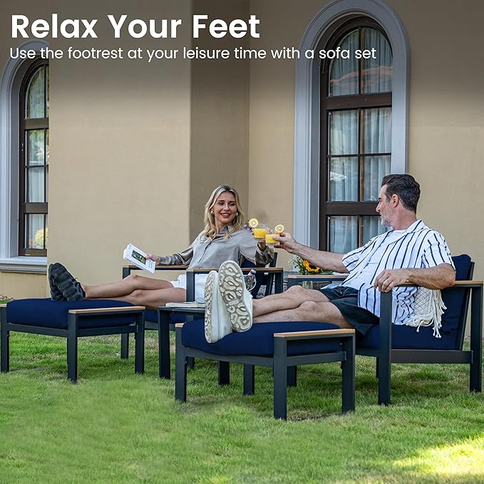 Sundale Outdoor 2 Pieces Aluminum Patio Ottoman, Outdoor Footstool with Sandwich Foam Cushions, Olefin Fabric, Small Metal Outdoor Chairs for Deck, Backyard, Porch (Blue)
