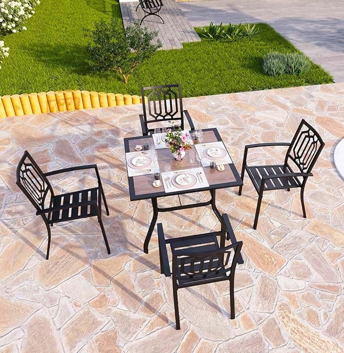 PHI VILLA 5 Piece Outdoor Dining Set for 4, 37" Square Metal Table with Polywood Top & Stacking Wrought Iron Chairs, Outside Furniture for Patio, Deck, Yard, Porch