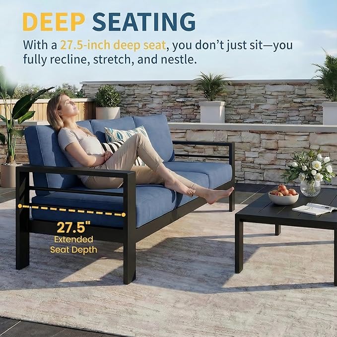 Wisteria Lane Aluminum Outdoor Patio Furniture Set, Modern Patio Conversation Sets, Outdoor Sectional Metal Sofa with 5 Inch Cushion and Coffee Table for Balcony, Garden, Black Frame & Blue Cushion