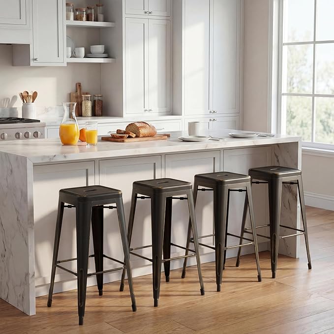 Shahoo 30 Inches Metal Bar Stools Counter Height Stackable Backless Stools, Industrial Patio Stools Indoor Outdoor Metal Kitchen Stools Set of 4 (Black Gold, 30'')