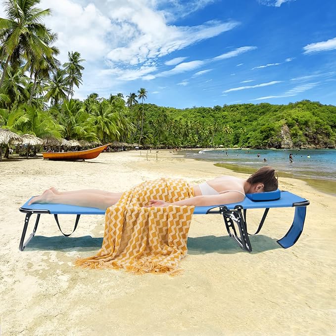 GYMAX Tanning Chair, 350lbs Beach Lounge Chair with Face Hole, Washable Pillow & Carry Strap, Adjustable Folding Chaise Lounge, Layout Lounger for Outside, Patio, Poolside, Lawn (1, Blue)