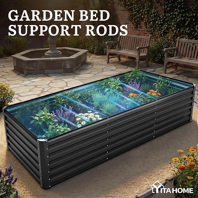 YITAHOME 6pcs 8x4x2 ft Galvanized Raised Garden Bed Kit, Large Metal Planter Box with Gloves, Safety Rubber & Support Rod, Outdoor Flower Bed for Plants Vegetables, Black