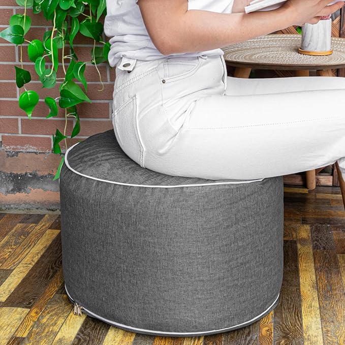 Outdoor Indoor Foam Stuffed Ottoman All Weather Waterproof Round Ottoman Footrest Stool D20x H12 Inches Boho Foot Rest for Patio Living Room Porch Outdoor Seating Garden Camping Dark Gray