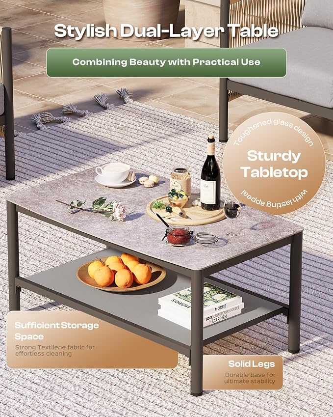 Aluminum Outdoor Patio Furniture Set with Dual-Layer Coffee Table, 4 Piece Modern Patio Conversation Sets with PE Rope, Outdoor Sectional Sofa with Thick Cushions for Balcony, Deck, Gray